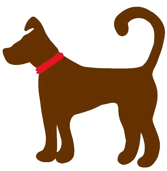 Brown dog silhouette with red collar and curved tail