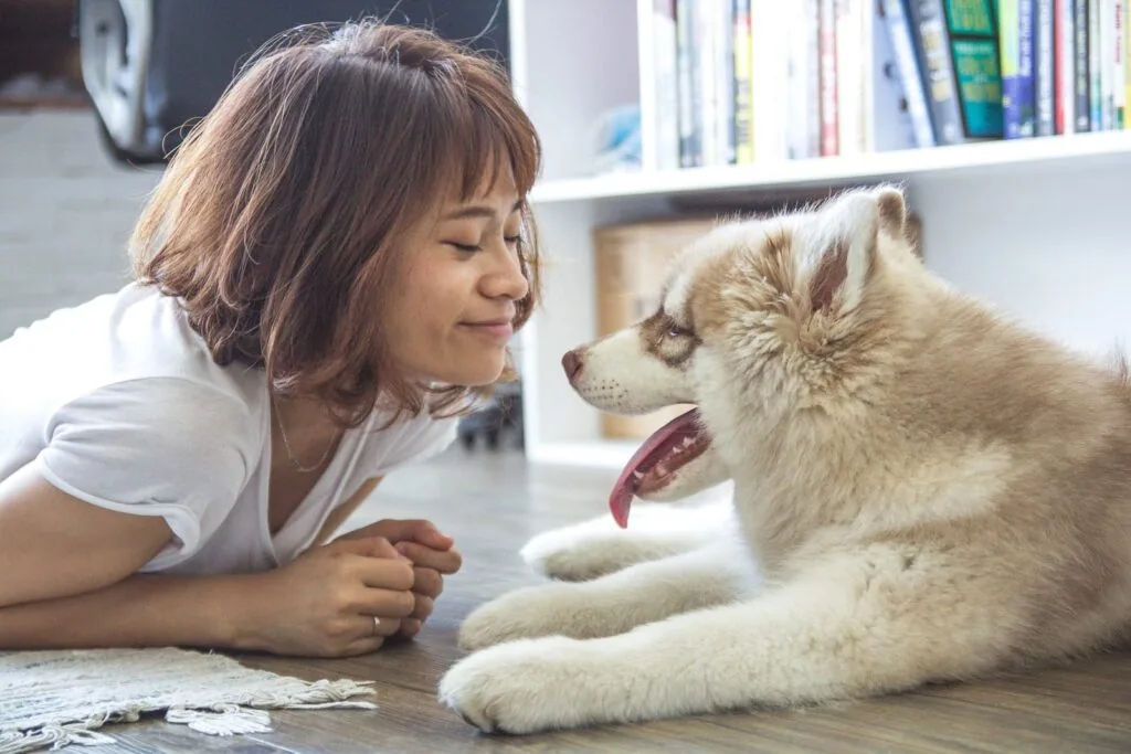 A young woman lying on the floor nose to nose with a fluffy husky puppy